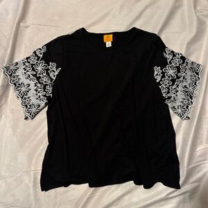 Ruby Rd. Black Tee with White Floral Lace Sleeves